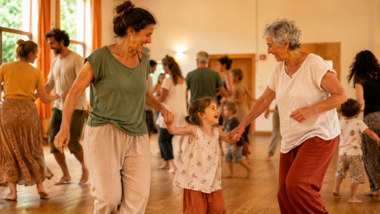 Famille multigénérationnelle pratiquant la biodanza dans une salle lumineuse, avec un parent, un enfant et une grand-mère dansant pieds nus dans une ambiance chaleureuse et bienveillante.