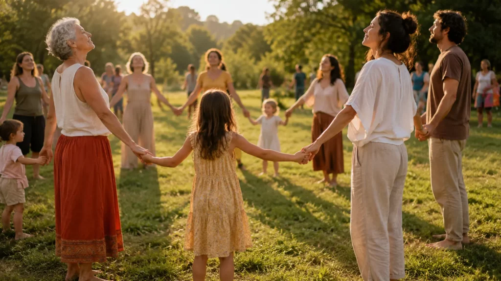 Parents, enfants et grands-parents se tenant par la main en cercle lors d'une séance de biodanza en famille dans une prairie au coucher du soleil.