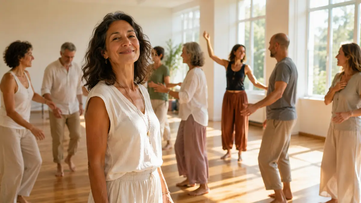 Participants à une activité de yoga et biodanza dans une salle baignée de lumière naturelle, partageant un moment de bien-être, de développement personnel et de connexion aux autres.