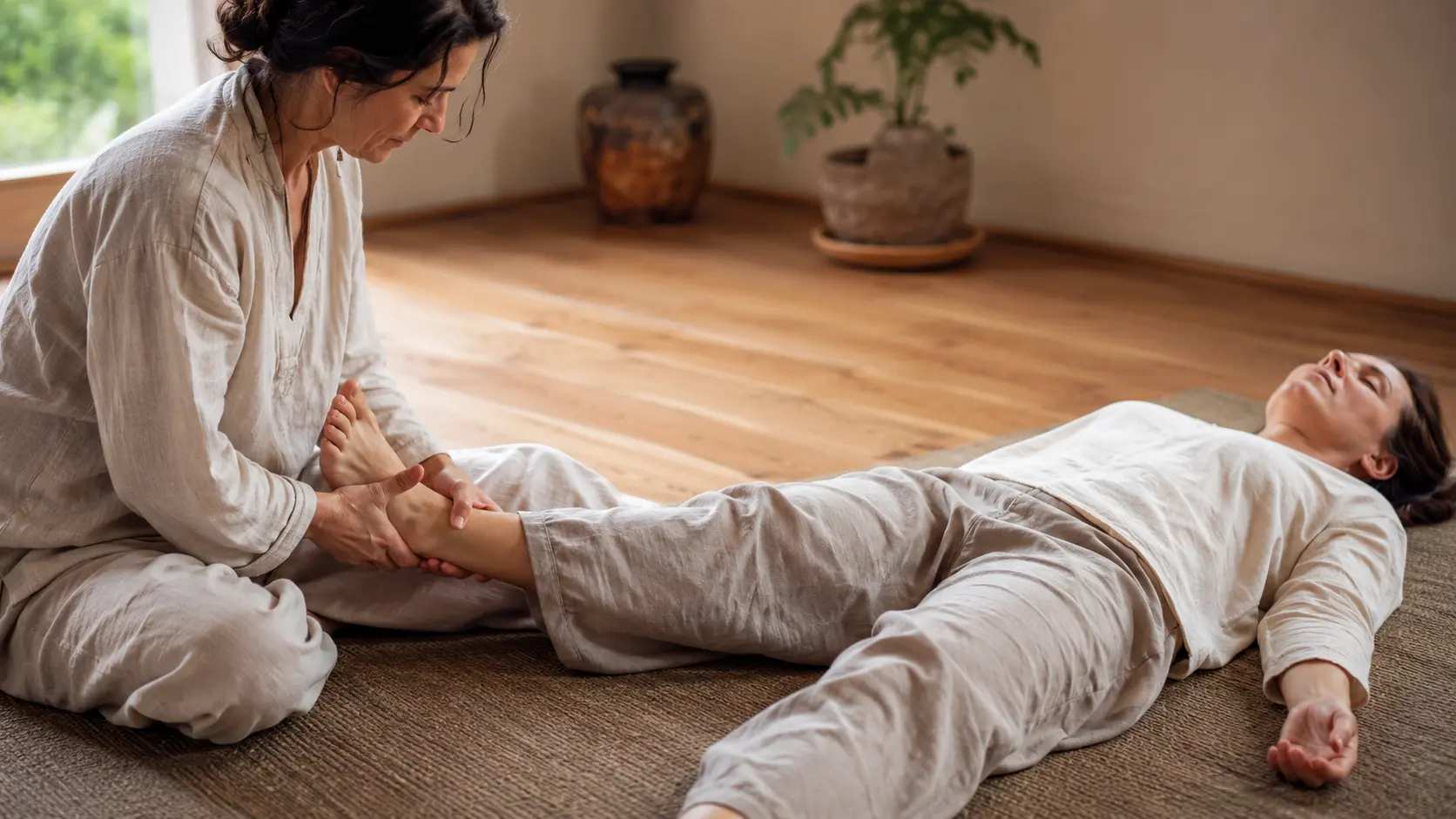 Séance de Wuo-Taï dans un espace de bien-être lumineux : une praticienne assise au sol tient délicatement le pied d’une personne allongée sur un tapis, illustrant cette approche douce inspirée de l’ostéopathie et de la danse.