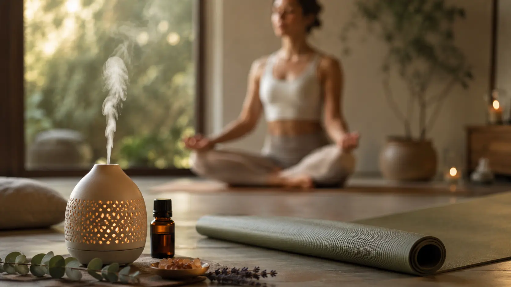 Diffuseur d’huiles essentielles et tapis de yoga dans un espace de méditation, avec pratiquante assise en posture de pleine conscience au lever du jour.