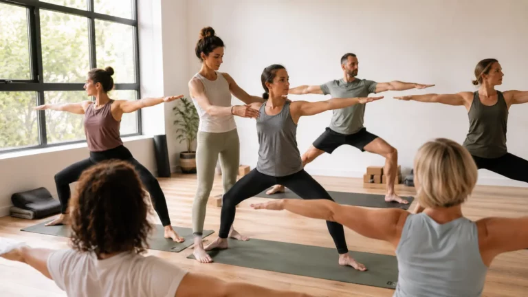Formatrice en yoga corrigeant l'alignement d'une élève pendant une formation de professeur de yoga dans un studio lumineux, tandis que les autres participants pratiquent la posture du Guerrier II (Virabhadrasana II)