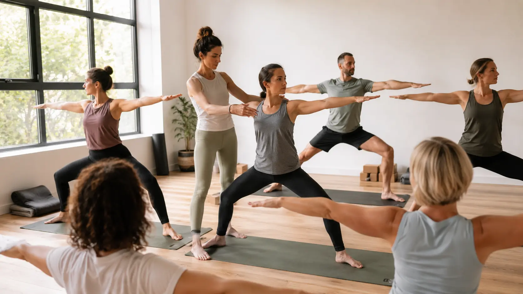 Formatrice en yoga corrigeant l'alignement d'une élève pendant une formation de professeur de yoga dans un studio lumineux, tandis que les autres participants pratiquent la posture du Guerrier II (Virabhadrasana II)