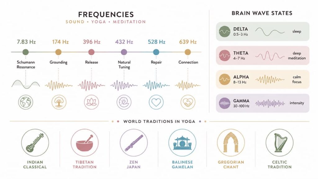 Les fréquences sonores utilisées dans certaines pratiques de yoga et de méditation sont souvent associées à différents états de conscience et traditions musicales à travers le monde.