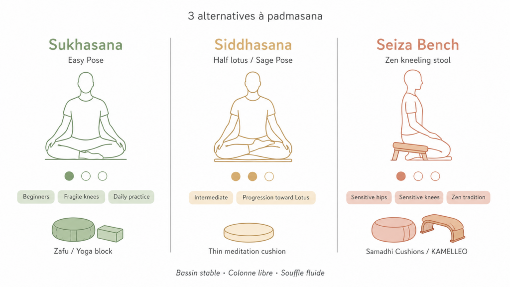 Infographie comparant trois alternatives à Padmasana (posture du lotus) : Sukhasana (Easy Pose), Siddhasana (Half Lotus / Sage Pose) et Seiza Bench (tabouret de méditation zen), avec illustrations des postures, niveau de difficulté, profils recommandés et accessoires de méditation associés.