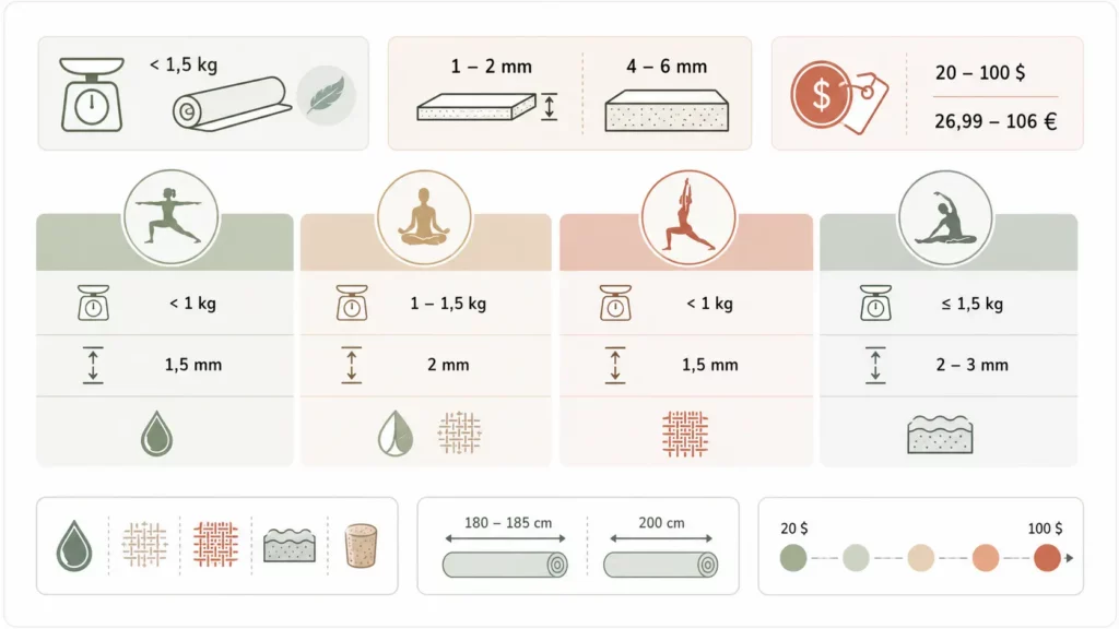 infographie expliquant que tapis de yoga pour le voyage choisir en fonction du poids, de l'épaisseur et du coût