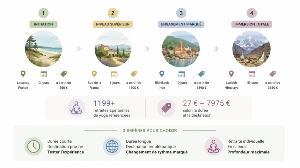 infographie représentant les différents séjour de retraite spirituelle yoga selon les goûts et besoins