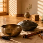Instruments utilisés pour la méditation et le yoga, dont un bol tibétain, un handpan, une flûte amérindienne et un kalimba, dans un studio de bien-être baigné par la lumière du matin.