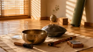 Instruments utilisés pour la méditation et le yoga, dont un bol tibétain, un handpan, une flûte amérindienne et un kalimba, dans un studio de bien-être baigné par la lumière du matin.
