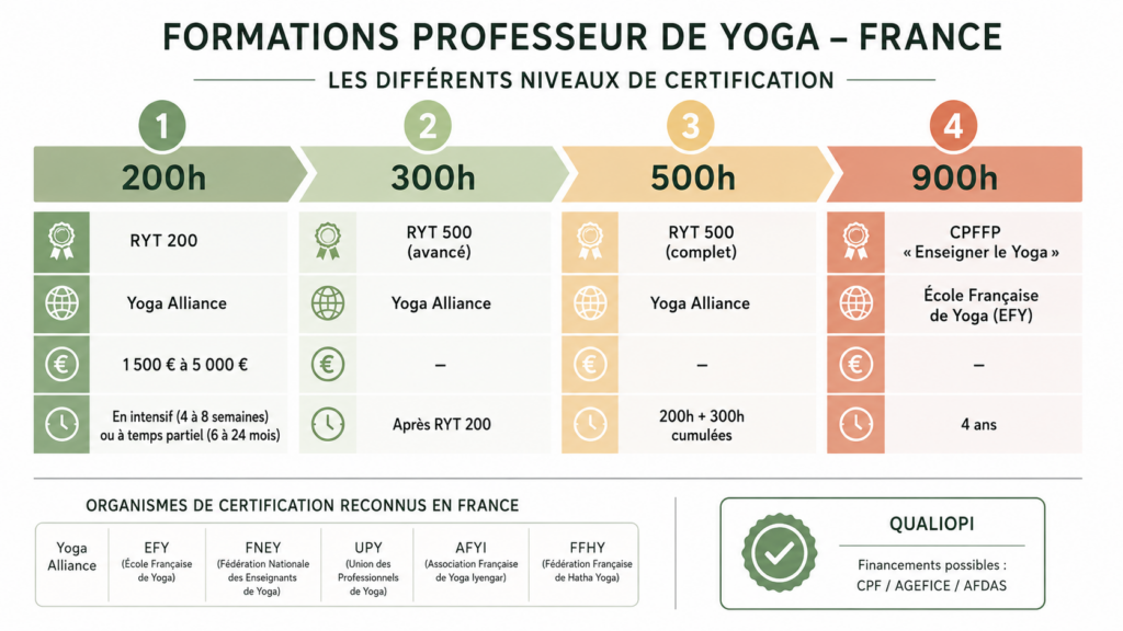 infographie présentant  les différents niveaux de certification possibles pour devenir professeur de yoga