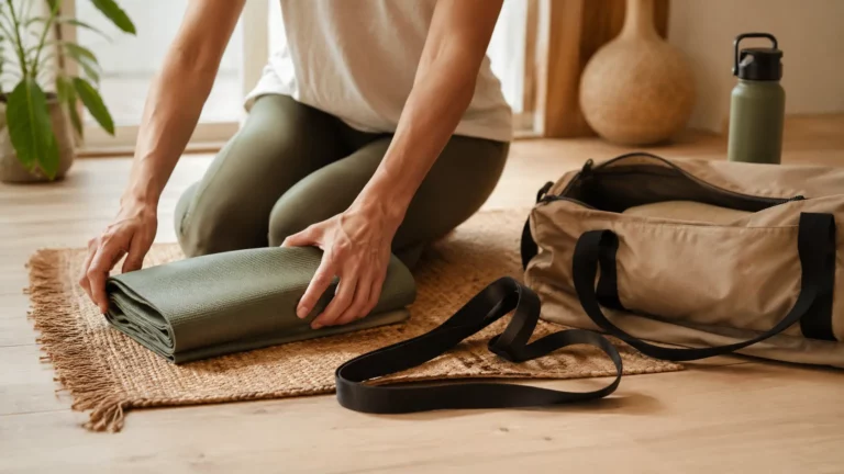Personne pliant soigneusement un tapis de yoga de voyage avec une sangle de transport à côté avant de le ranger dans un sac de voyage.