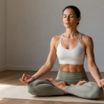 Pratiquante de yoga assise en Padmasana, la position du lotus complète, dos droit et mains en Jnana Mudra