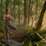 personne pratiquant le yoga en forêt bretonne lors d'une retraite