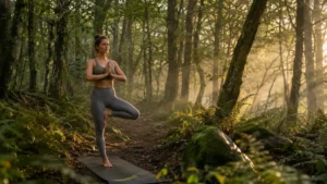 personne pratiquant le yoga en forêt bretonne lors d'une retraite