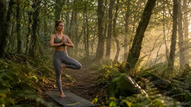 personne pratiquant le yoga en forêt bretonne lors d'une retraite