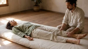 Séance de Wuo-Taï à deux sur futon : un praticien transmet un mouvement doux par le contact des jambes dans un espace chaleureux aux sols en bois et à la lumière naturelle.