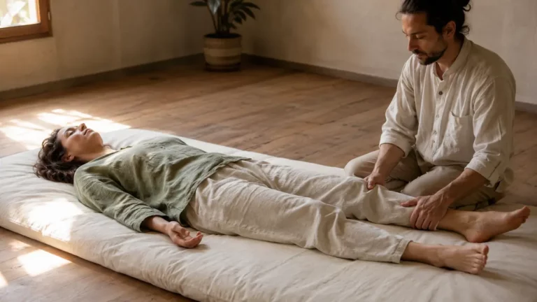 Séance de Wuo-Taï à deux sur futon : un praticien transmet un mouvement doux par le contact des jambes dans un espace chaleureux aux sols en bois et à la lumière naturelle.