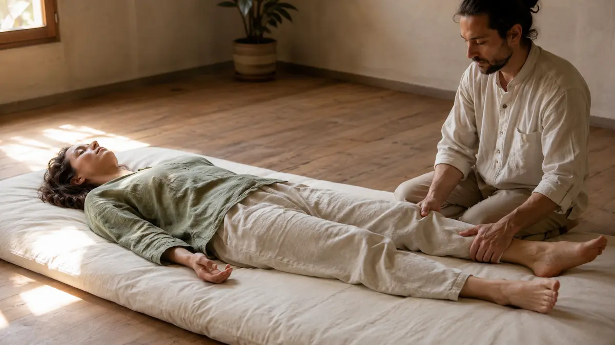 Séance de Wuo-Taï à deux sur futon : un praticien transmet un mouvement doux par le contact des jambes dans un espace chaleureux aux sols en bois et à la lumière naturelle.