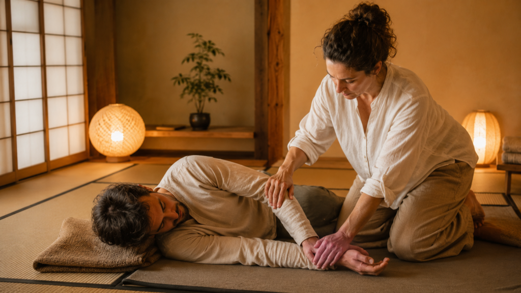 Deux adultes participent à une séance d’initiation au Wuo-Taï dans une salle chaleureuse inspirée du Japon. Une personne est allongée sur un tapis au sol tandis que son partenaire, agenouillé à ses côtés, pose délicatement ses mains sur son bras et son épaule. La lumière douce et les matériaux naturels créent une atmosphère calme, propice à l’apprentissage du mouvement thérapeutique.