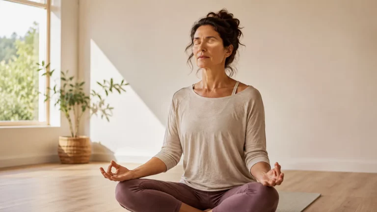 Personne assise en tailleur pratiquant une meditation de kundalini yoga les yeux fermes dans un studio lumineux afin de favoriser la clarte mentale et lapaisement du corps.