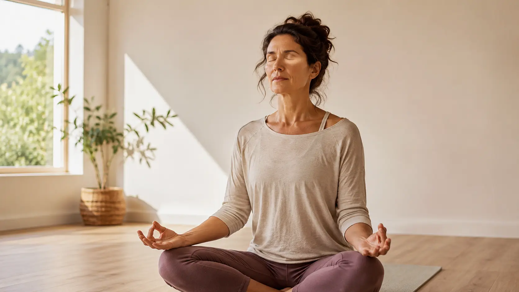 Personne assise en tailleur pratiquant une meditation de kundalini yoga les yeux fermes dans un studio lumineux afin de favoriser la clarte mentale et lapaisement du corps.