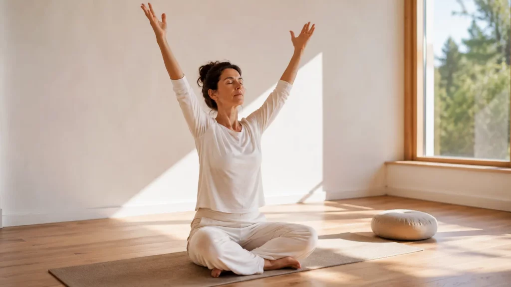 Personne pratiquant une posture de kundalini yoga avec les bras leves et les yeux fermes dans un studio de yoga lumineux illustrant une seance centree sur le souffle et la concentration.