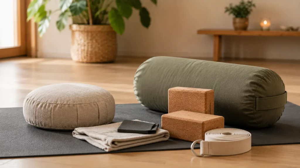 Accessoires de yoga comprenant deux briques en liège, une sangle en coton, un bolster et un tapis de yoga dans un espace de pratique lumineux et épuré.