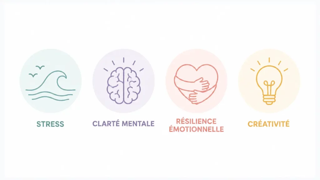Infographie illustrant les principaux bienfaits d'une retraite silencieuse : réduction du stress, clarté mentale, résilience émotionnelle et créativité.