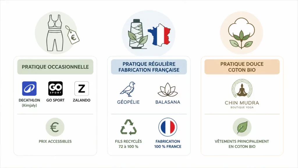 Infographie comparant les principales marques de tenues de yoga selon le budget, la fabrication française, les matières recyclées et le coton bio pour choisir une tenue adaptée à sa pratique.