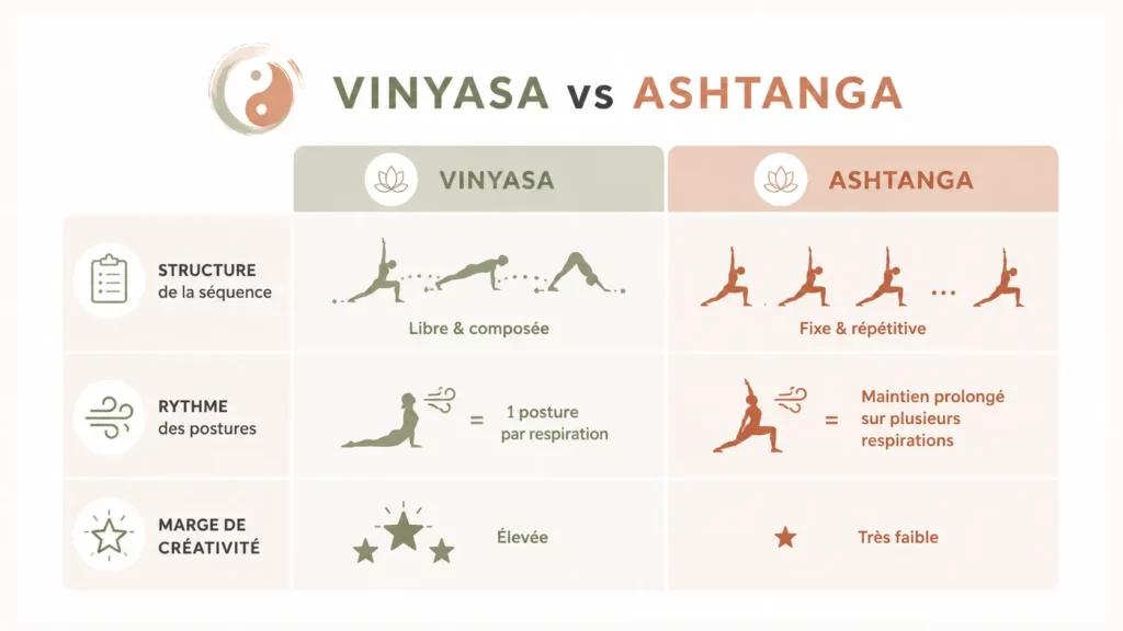 Infographie comparant le yoga vinyasa et le yoga ashtanga selon la structure de la séquence, le rythme des postures et la liberté de création.