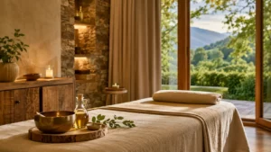 Salon de repos d'un centre de bien-être en France dédié aux cures ayurvédiques, avec table de massage, bol en métal, huile de sésame et vue apaisante sur la nature.
