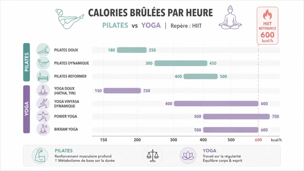 infographie représentant les dépenses caloriques par heure en pilates ou yoga selon la référence hitt