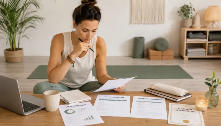 Personne préparant un dossier de financement pour une formation de yoga avec devis, programme pédagogique et attestation Qualiopi dans un espace de travail lumineux.