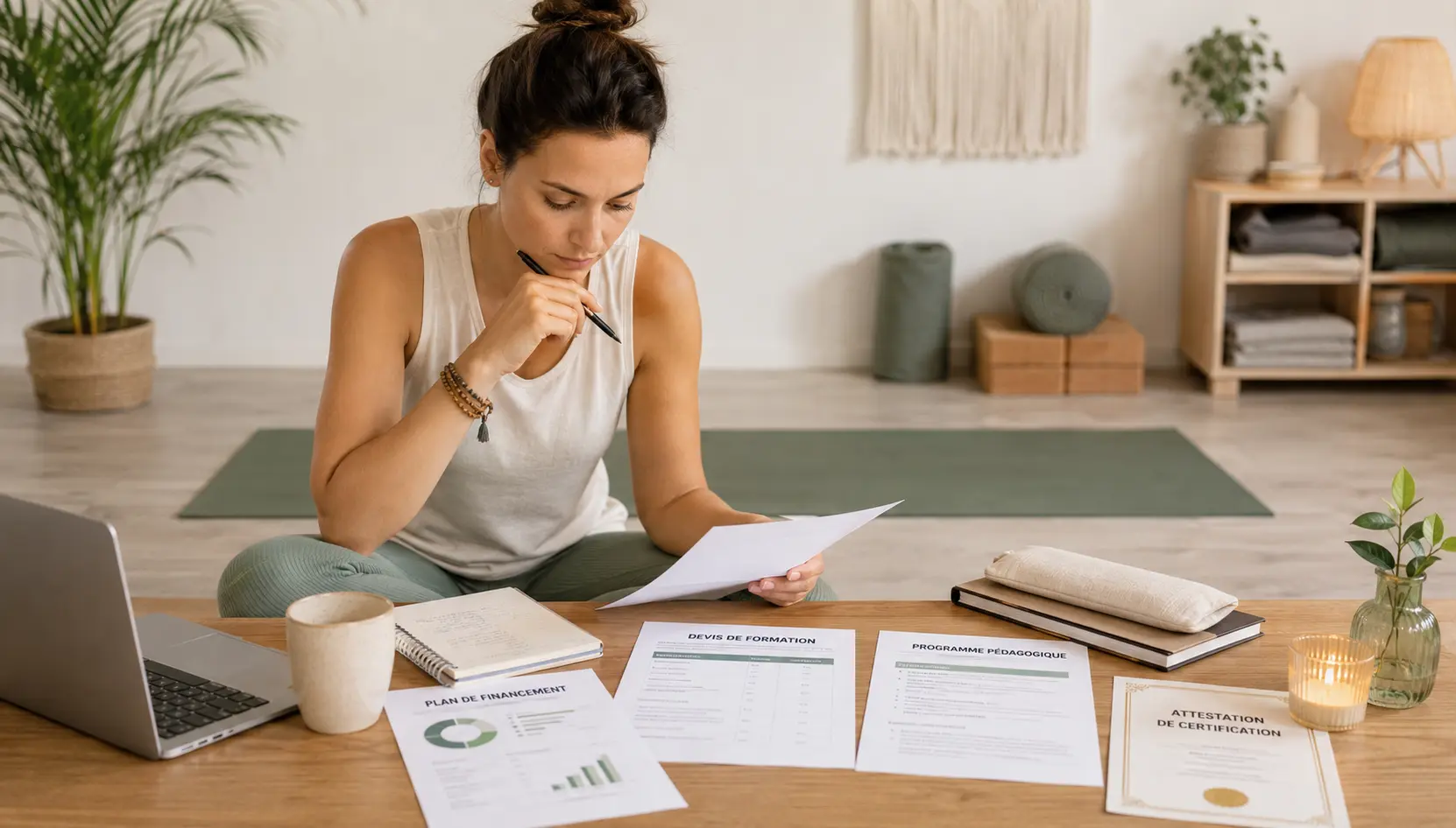 Personne préparant un dossier de financement pour une formation de yoga avec devis, programme pédagogique et attestation Qualiopi dans un espace de travail lumineux.