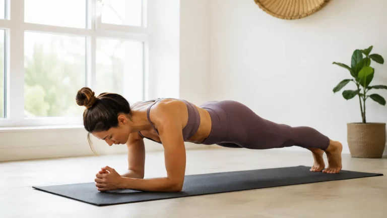 Jeune femme en tenue de sport réalisant un exercice de gainage type pilates sur un tapis dans un intérieur lumineux, mettant en valeur l'alignement du corps, la posture et le renforcement de la sangle abdominale.