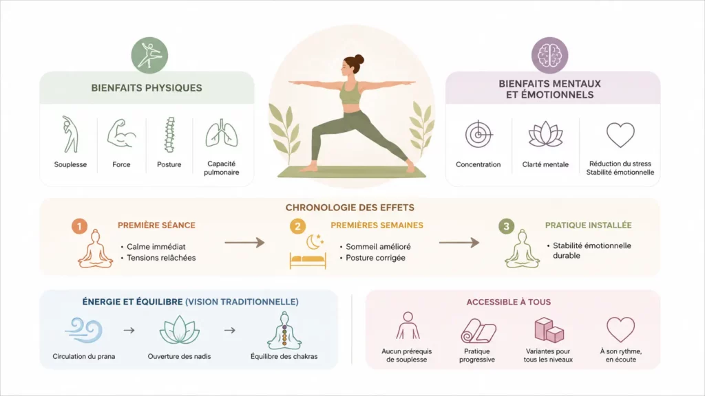 Infographie illustrant les principaux bienfaits du hatha yoga sur le corps, le mental et les émotions, avec une chronologie des effets de la pratique régulière.