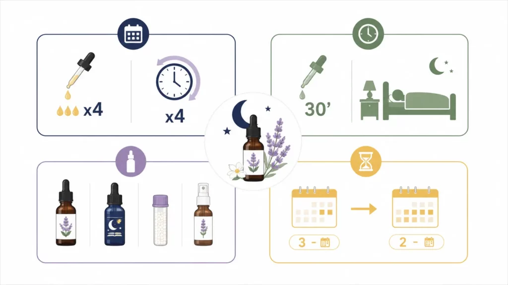 Infographie illustrant la posologie des fleurs de Bach pour le sommeil avec quatre gouttes quatre fois par jour une prise trente minutes avant le coucher les differents formats disponibles et une cure de trois semaines a deux mois.