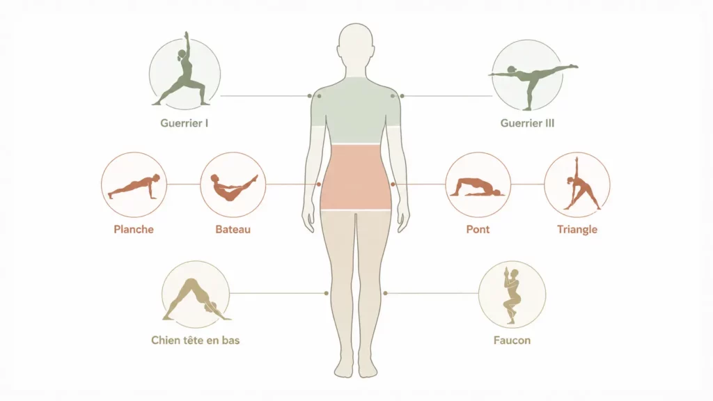Infographie illustrant les principales postures de yoga associées au haut du corps, à la sangle abdominale et au bas du corps pour accompagner un objectif de perte de poids.