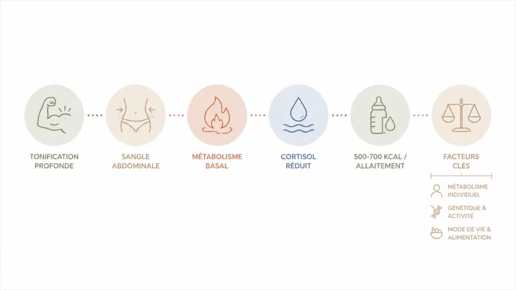 Infographie illustrant les principaux mécanismes par lesquels le yoga postpartum peut favoriser la perte de poids : tonification profonde, renforcement de la sangle abdominale, augmentation du métabolisme basal, réduction du cortisol et impact de l'allaitement.