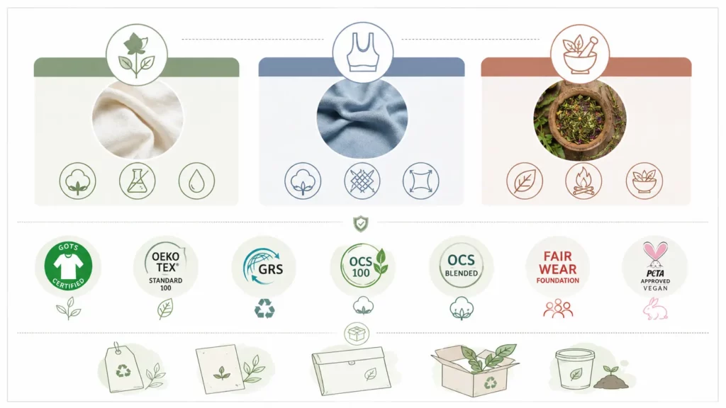 Infographie des principaux labels et certifications des vêtements de yoga éthiques, incluant GOTS, Oeko-Tex Standard 100, GRS, OCS, Fair Wear Foundation et PETA-Approved Vegan.