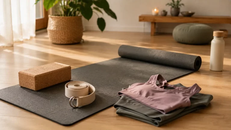 Tapis de yoga accompagné d'une brique en liège, d'une sangle en coton et d'une tenue de yoga dans un espace de pratique lumineux et épuré, illustrant le matériel essentiel pour débuter le yoga.
