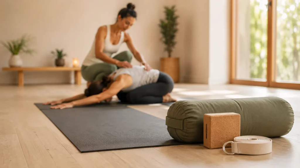 Tapis de yoga avec une brique en liège, une sangle et un bolster dans un studio lumineux, tandis qu'une professeure accompagne un élève lors d'une séance de yoga.
