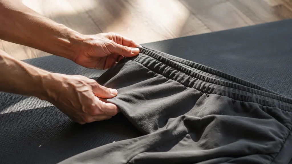 Gros plan sur un pantalon de yoga homme en coton bio gris anthracite posé sur un tapis de yoga, avec une main étirant la ceinture élastique pour illustrer la souplesse, la respirabilité et la qualité du tissu.