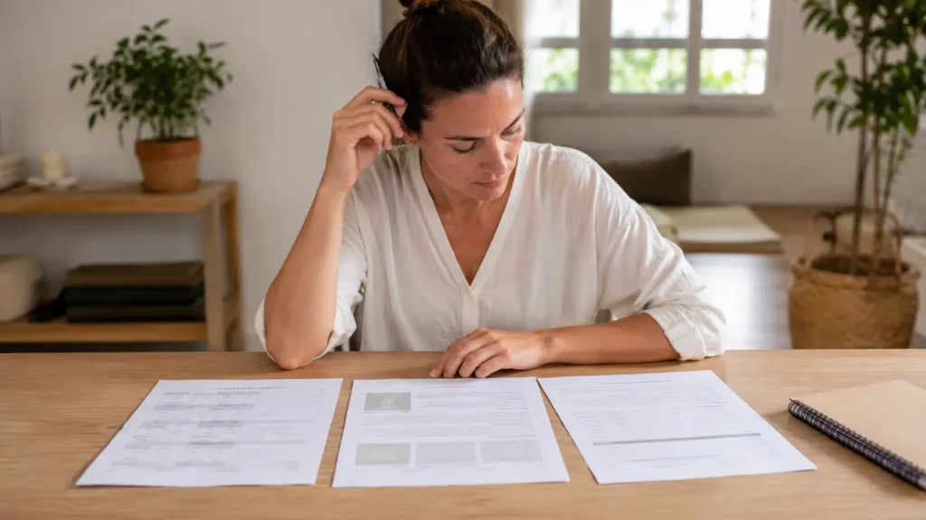 Personne examinant attentivement un dossier de financement de formation de yoga, avec devis, programme pédagogique et documents de certification disposés sur une table dans un espace de travail lumineux.