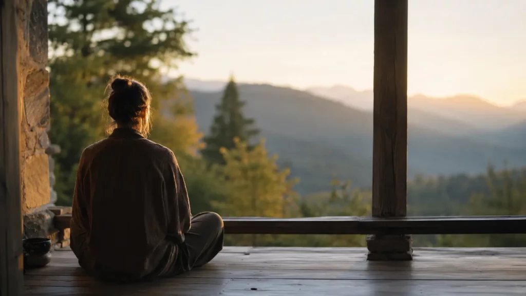 Personne méditant seule lors d'une retraite silencieuse en pleine nature face aux montagnes baignées par une lumière douce de fin de journée.