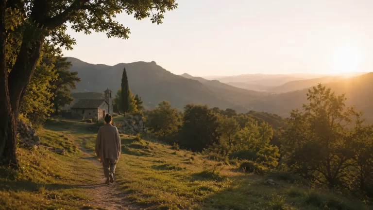 Personne marchant seule sur un sentier en pleine nature près d'un lieu de retraite, face aux montagnes éclairées par la lumière douce du coucher de soleil.