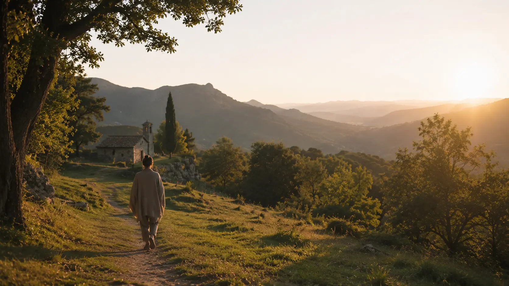 Personne marchant seule sur un sentier en pleine nature près d'un lieu de retraite, face aux montagnes éclairées par la lumière douce du coucher de soleil.