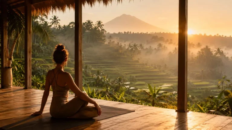 personne en retraite de yoga contemplant le paysage balinais