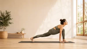 Séquence de yoga vinyasa : construire son flow du réveil à la peak pose Pratiquante de yoga en transition entre deux postures de vinyasa dans un studio lumineux avec un enchaînement fluide et dynamique.