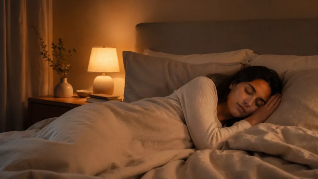 Photographie realiste professionnelle d une personne dormant paisiblement dans une chambre chaleureuse avec des draps en lin naturel sous une lumiere tamisee sans ecran ni lumiere bleue visible.
